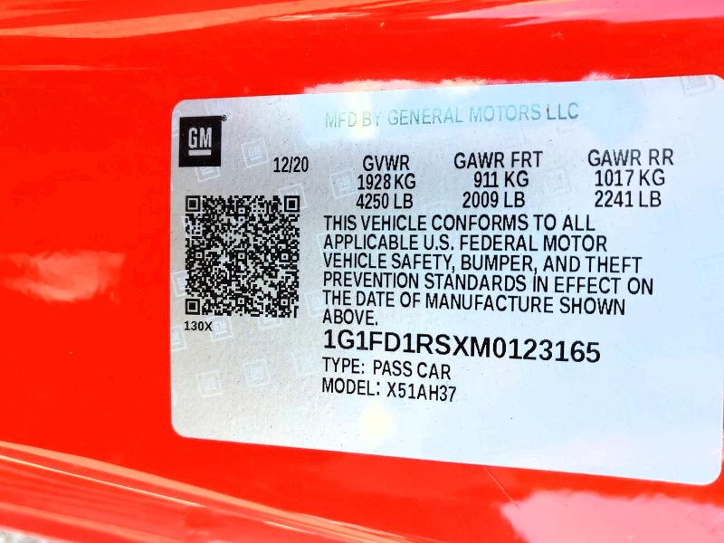 55872456 :رقم المزاد ، 1G1FD1RSXM0123165 vin ، 2021 Chevrolet Camaro مزاد بيع