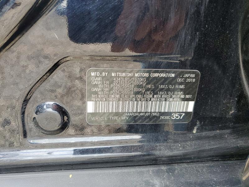 2019 Mitsubishi Outlander Sport მანქანა იყიდება აუქციონზე, vin: JA4AR3AU4KU017662, აუქციონის ნომერი: 58390946