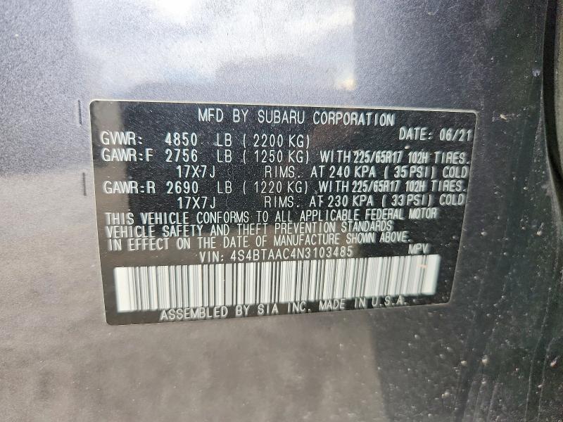 2022 Subaru Outback მანქანა იყიდება აუქციონზე, vin: 4S4BTAAC4N3103485, აუქციონის ნომერი: 57310336