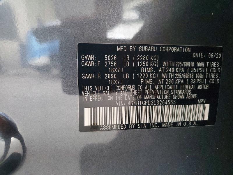 55717496 :رقم المزاد ، 4S4BTGPD3L3264555 vin ، 2020 Subaru Outback مزاد بيع