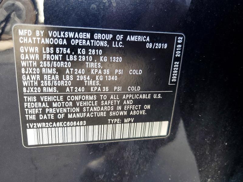 Продажа на аукционе авто 2019 Volkswagen Atlas, vin: 1V2WR2CA6KC606483, номер лота: 54568316