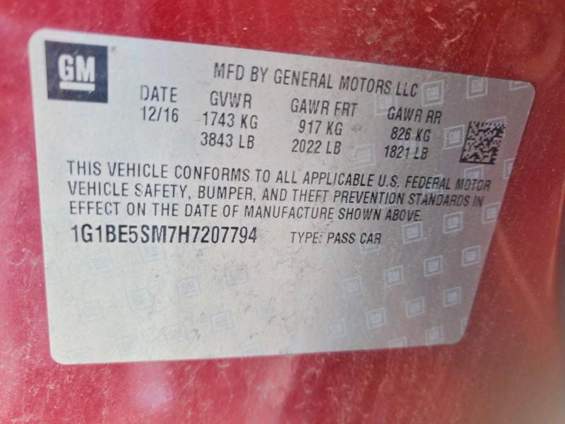 57349406 :رقم المزاد ، 1G1BE5SM7H7207794 vin ، 2017 Chevrolet Cruze مزاد بيع
