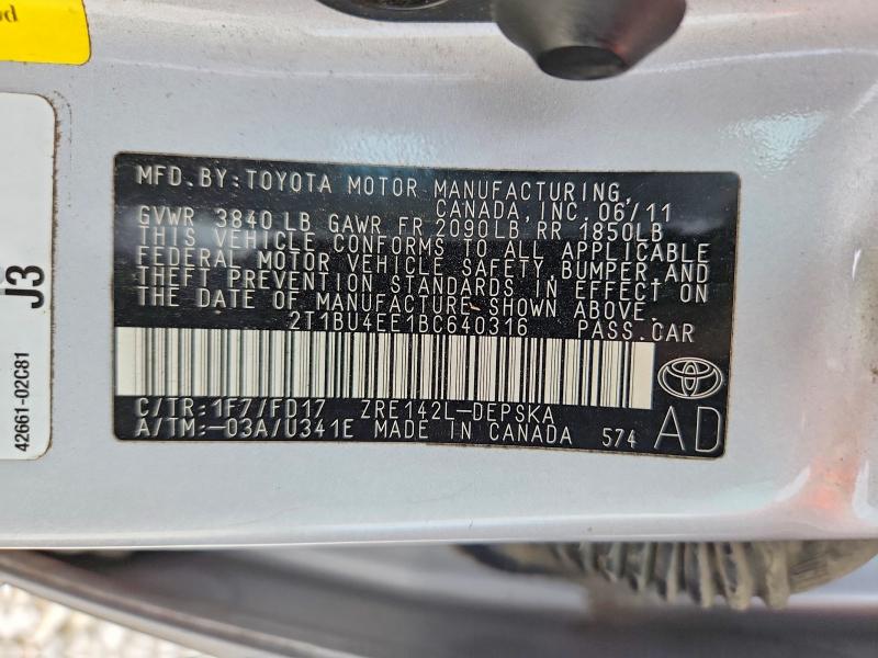 Продажа на аукционе авто 2011 Toyota Corolla, vin: 2T1BU4EE1BC640316, номер лота: 57206606