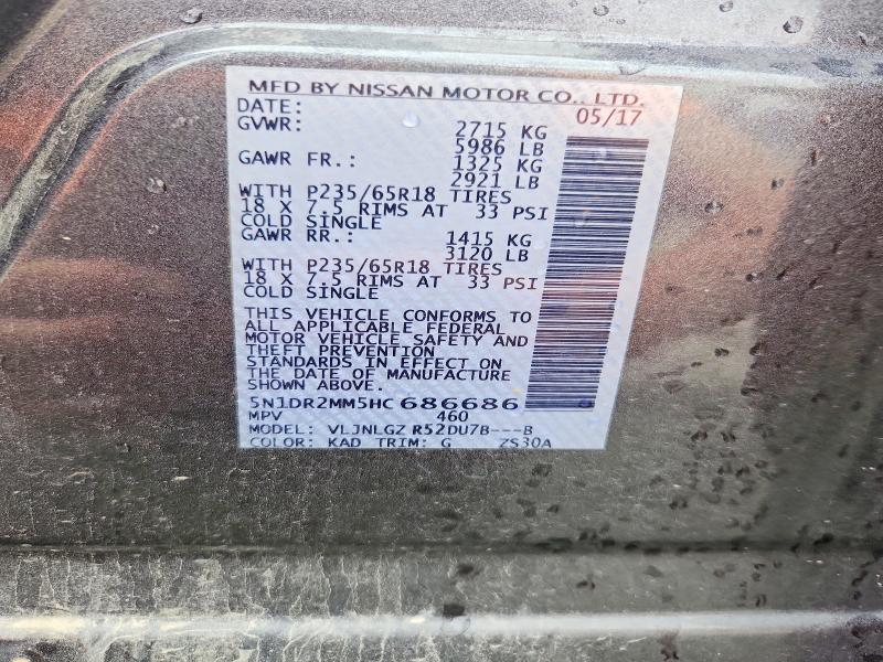 2017 Nissan Pathfinder მანქანა იყიდება აუქციონზე, vin: 5N1DR2MM5HC686686, აუქციონის ნომერი: 55978886