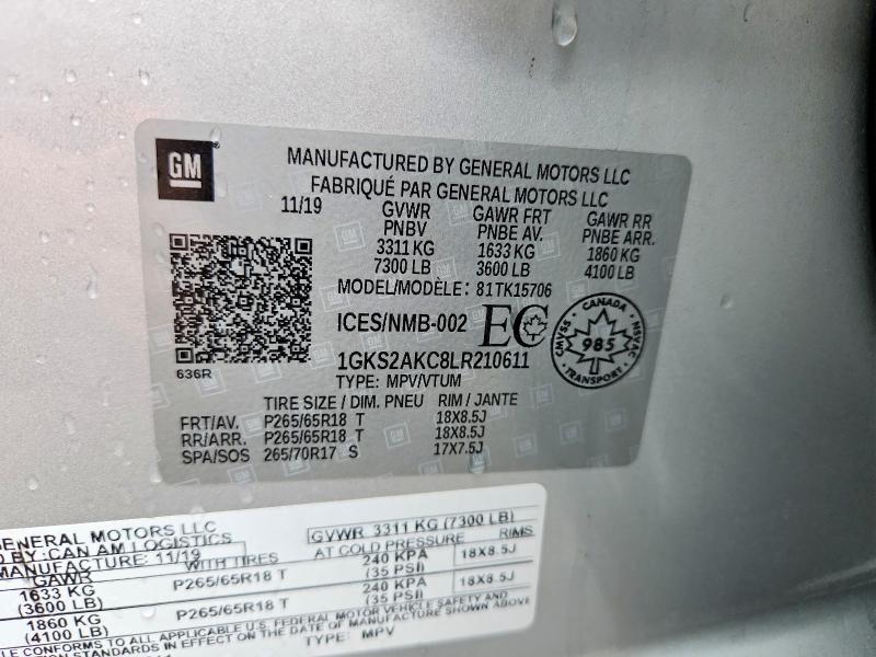 Продаж на аукціоні авто 2020 Gmc Yukon, vin: 1GKS2AKC8LR210611, номер лоту: 55886426