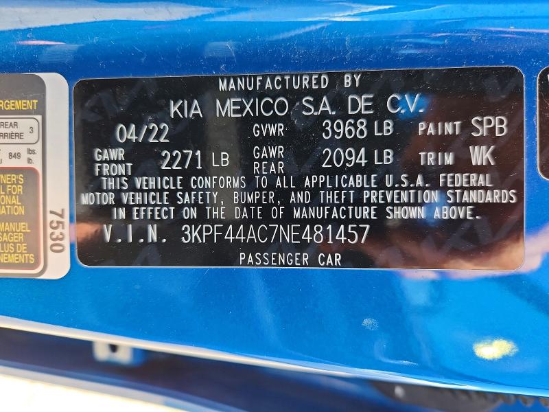 Aukcja sprzedaży 2022 Kia Forte, vin: 3KPF44AC7NE481457, numer aukcji: 57017706