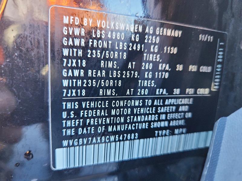 2012 Volkswagen Tiguan მანქანა იყიდება აუქციონზე, vin: WVGBV7AX9CW547683, აუქციონის ნომერი: 55723046