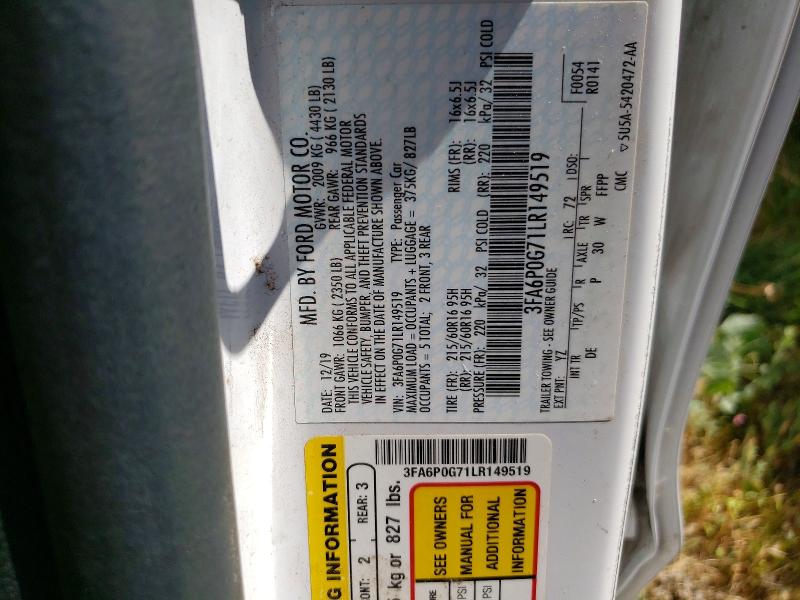 2020 Ford Fusion მანქანა იყიდება აუქციონზე, vin: 3FA6P0G71LR149519, აუქციონის ნომერი: 56376096