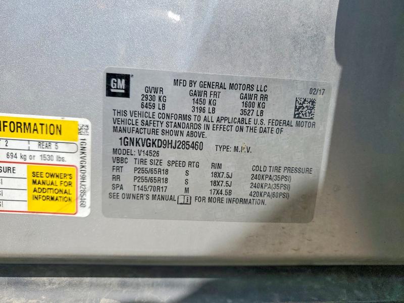 Aukcja sprzedaży 2017 Chevrolet Traverse, vin: 1GNKVGKD9HJ285460, numer aukcji: 57574766