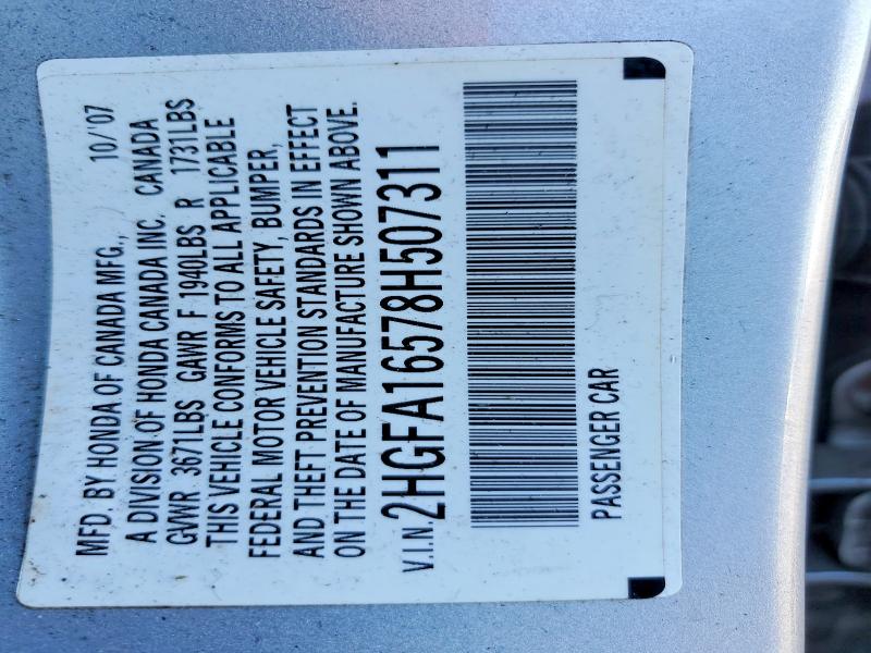 Aukcja sprzedaży 2008 Honda Civic, vin: 2HGFA16578H507311, numer aukcji: 58360396