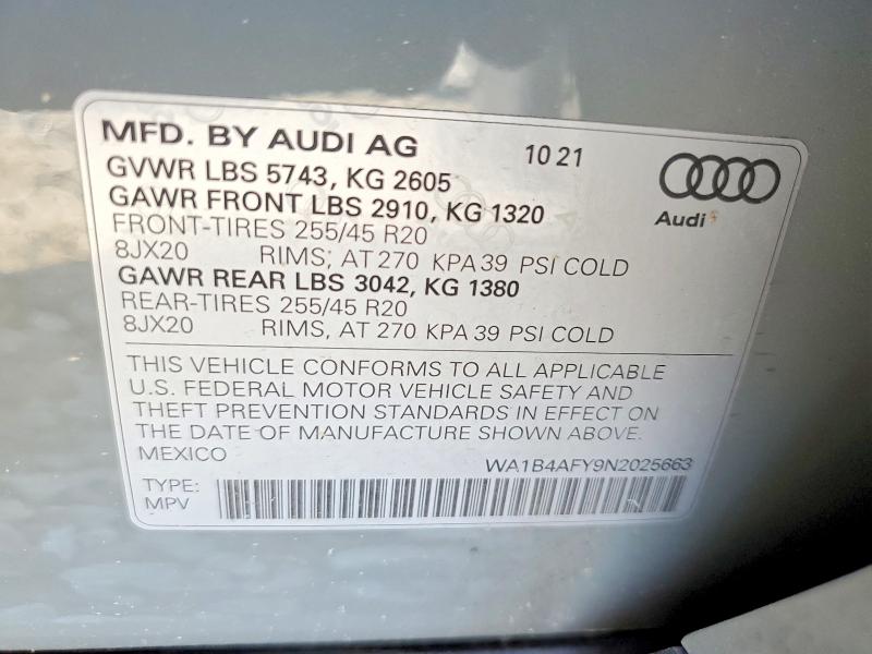 Auction sale of the 2022 Audi Sq5, vin: WA1B4AFY9N2025663, lot number: 53933396