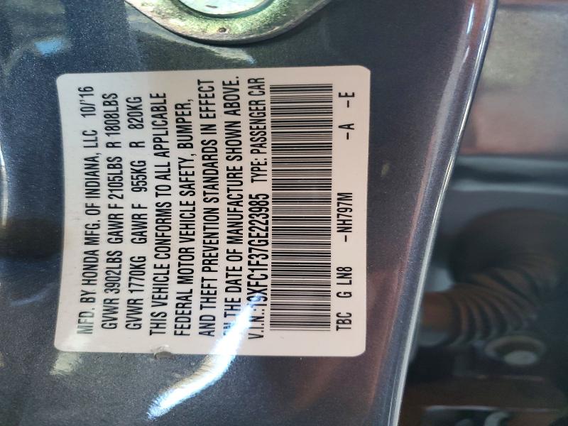 Aukcja sprzedaży 2016 Honda Civic, vin: 19XFC1F37GE223985, numer aukcji: 56698996