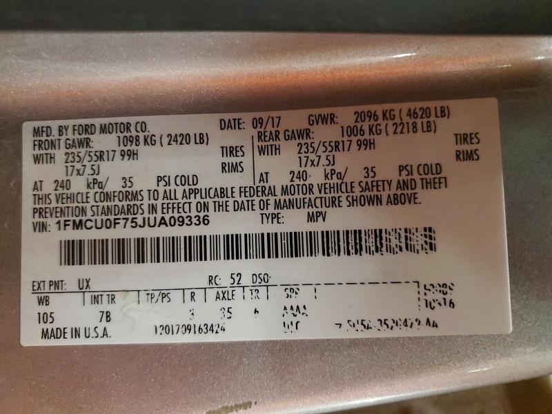 Продажа на аукционе авто 2018 Ford Escape, vin: 1FMCU0F75JUA09336, номер лота: 58564826