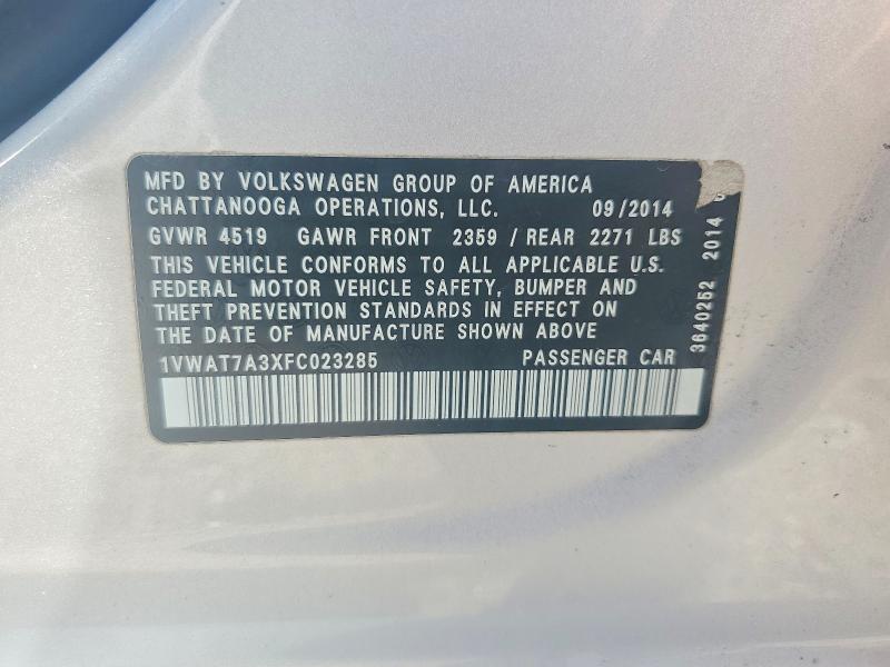 2015 Volkswagen Passat მანქანა იყიდება აუქციონზე, vin: 1VWAT7A3XFC023285, აუქციონის ნომერი: 58190806