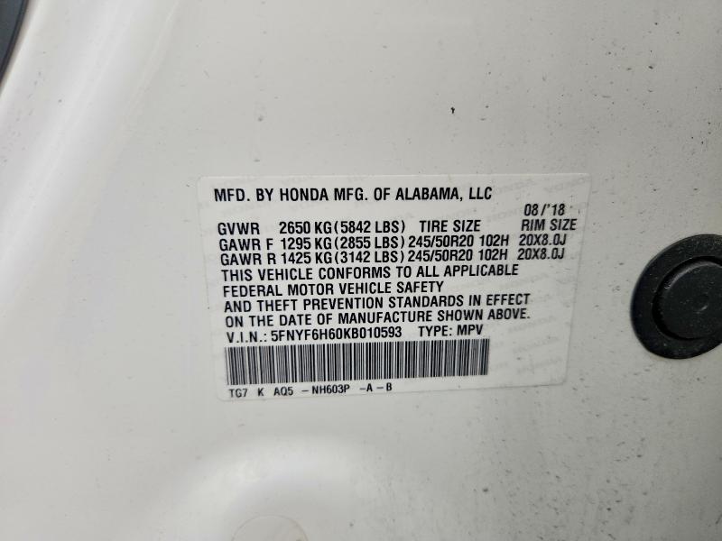 55497076 :رقم المزاد ، 5FNYF6H60KB010593 vin ، 2019 Honda Pilot مزاد بيع