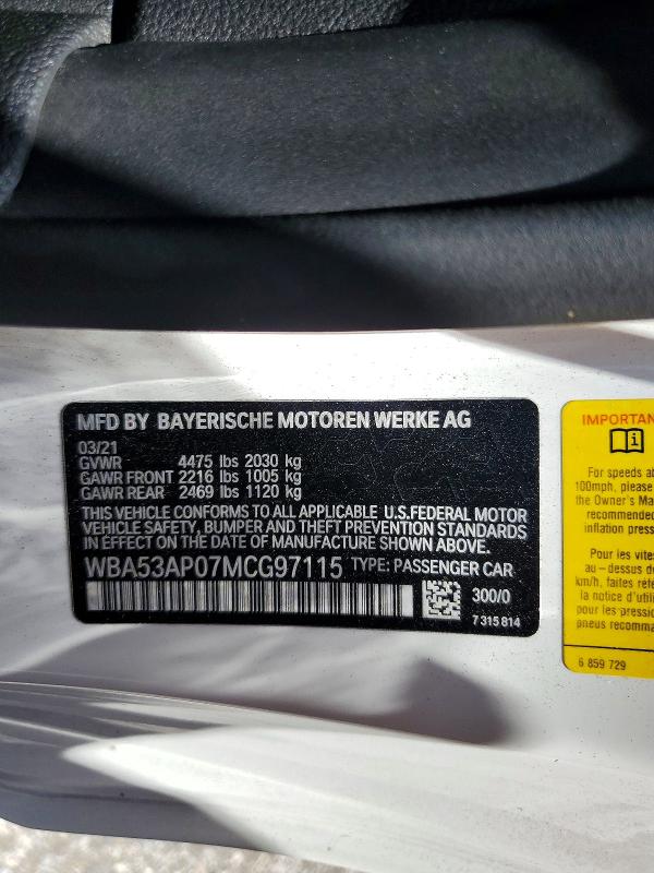 58414616 :رقم المزاد ، WBA53AP07MCG97115 vin ، 2021 Bmw 430i مزاد بيع
