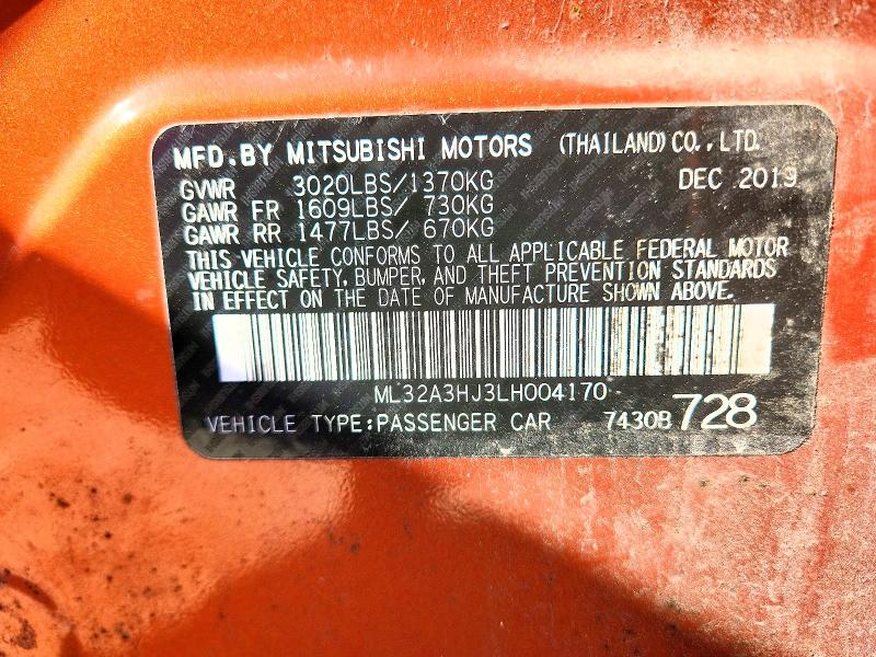 Aukcja sprzedaży 2020 Mitsubishi Mirage, vin: ML32A3HJ3LH004170, numer aukcji: 55735256