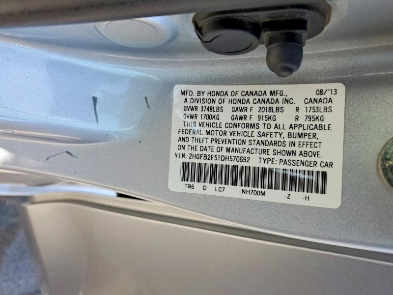 Продажа на аукционе авто 2013 Honda Civic, vin: 2HGFB2F51DH570692, номер лота: 55697506