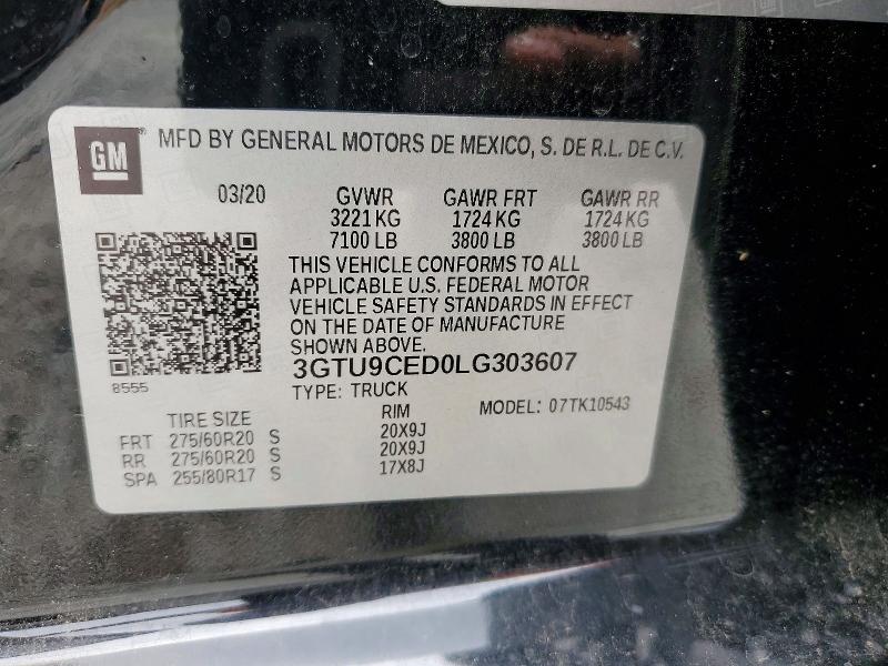 57075416 :رقم المزاد ، 3GTU9CED0LG303607 vin ، 2020 Gmc Sierra مزاد بيع