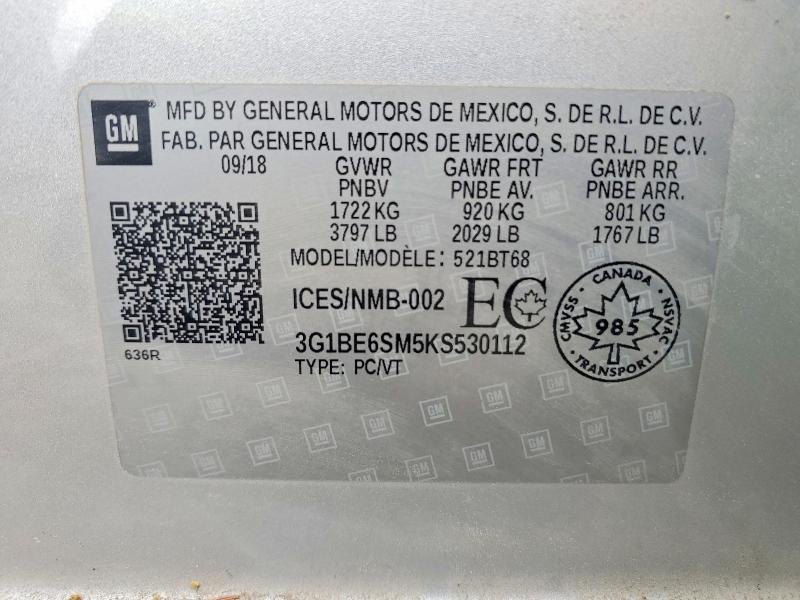 Aukcja sprzedaży 2019 Chevrolet Cruze, vin: 3G1BE6SM5KS530112, numer aukcji: 58114426