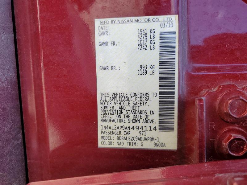 2010 Nissan Altima მანქანა იყიდება აუქციონზე, vin: 1N4AL2AP9AN494114, აუქციონის ნომერი: 56620936