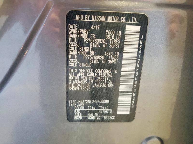 2017 Nissan Armada მანქანა იყიდება აუქციონზე, vin: JN8AY2NE0H9706099, აუქციონის ნომერი: 57624136