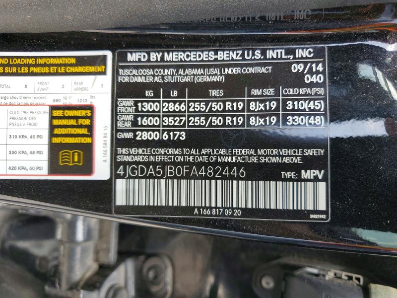 2015 Mercedes-benz Ml მანქანა იყიდება აუქციონზე, vin: 4JGDA5JB0FA482446, აუქციონის ნომერი: 58729226