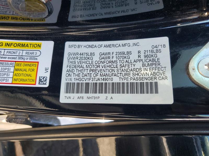 57002556 :رقم المزاد ، 1HGCV1F37JA149010 vin ، 2018 Honda Accord مزاد بيع