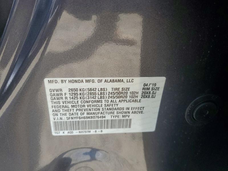 Aukcja sprzedaży 2019 Honda Pilot, vin: 5FNYF6H69KB076494, numer aukcji: 55991156
