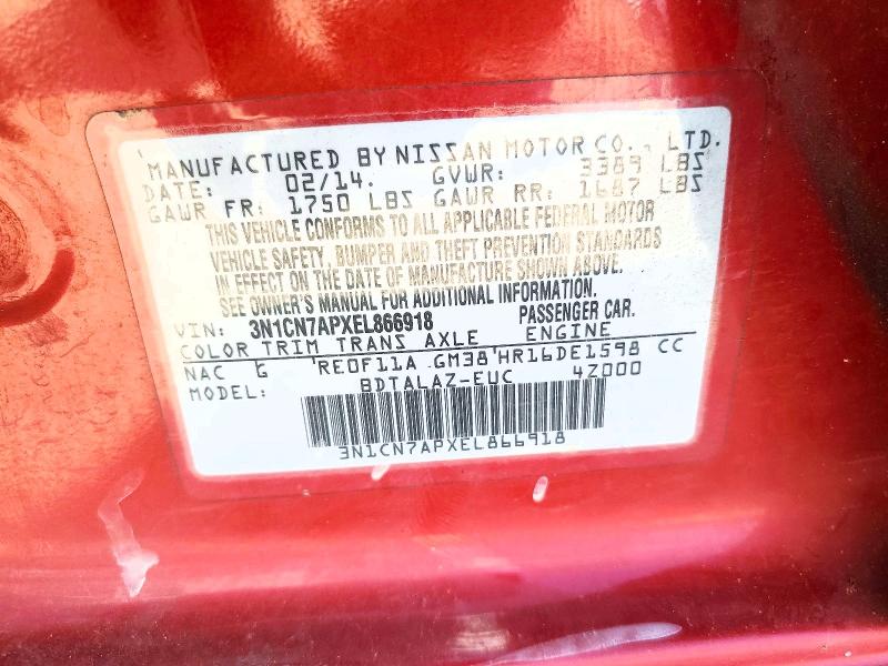 2014 Nissan Versa მანქანა იყიდება აუქციონზე, vin: 3N1CN7APXEL866918, აუქციონის ნომერი: 58293276