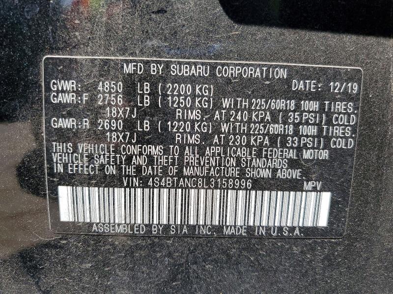 2020 Subaru Outback მანქანა იყიდება აუქციონზე, vin: 4S4BTANC8L3158996, აუქციონის ნომერი: 56355266