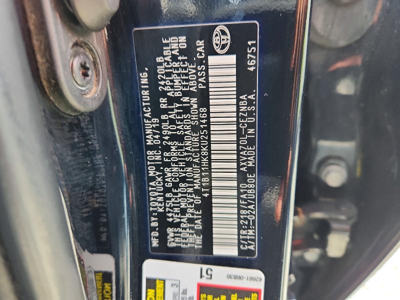 Aukcja sprzedaży 2019 Toyota Camry, vin: 4T1B11HK8KU251468, numer aukcji: 57261316