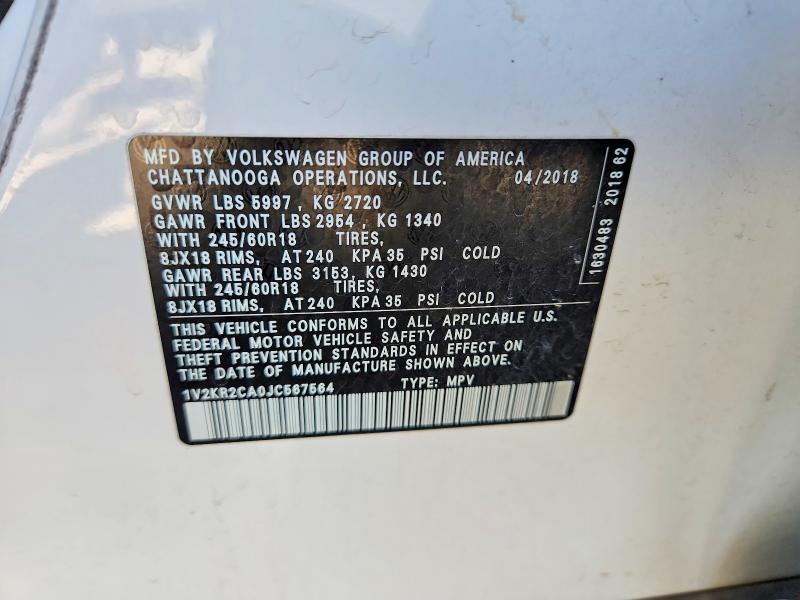 56514306 :رقم المزاد ، 1V2KR2CA0JC567564 vin ، 2018 Volkswagen Atlas مزاد بيع