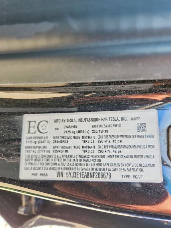 57109686 :رقم المزاد ، 5YJ3E1EA8NF206679 vin ، 2022 Tesla Model 3 مزاد بيع