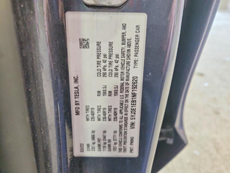 2022 Tesla Model 3 მანქანა იყიდება აუქციონზე, vin: 5YJ3E1EB1NF192620, აუქციონის ნომერი: 56137866