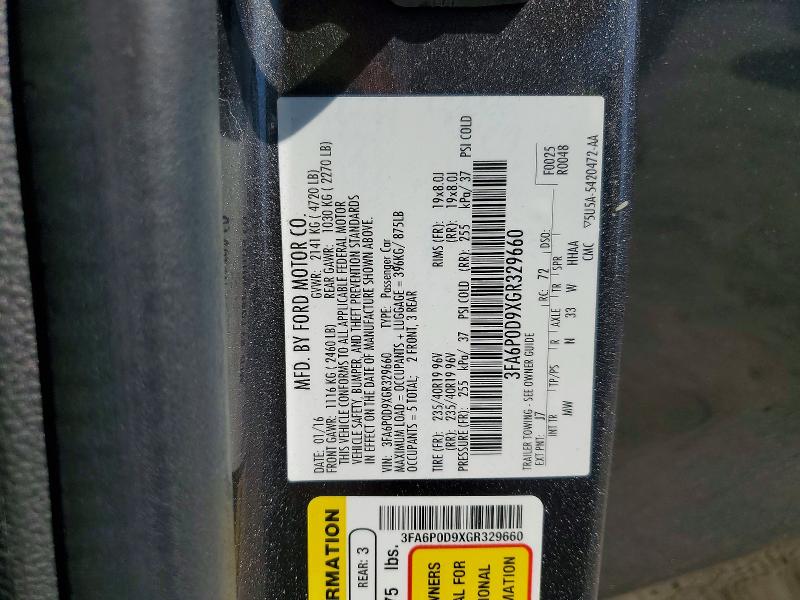 Aukcja sprzedaży 2016 Ford Fusion, vin: 3FA6P0D9XGR329660, numer aukcji: 58357756