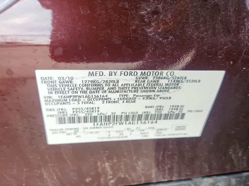 58044216 :رقم المزاد ، 1FAHP2FW1AG156164 vin ، 2010 Ford Taurus مزاد بيع