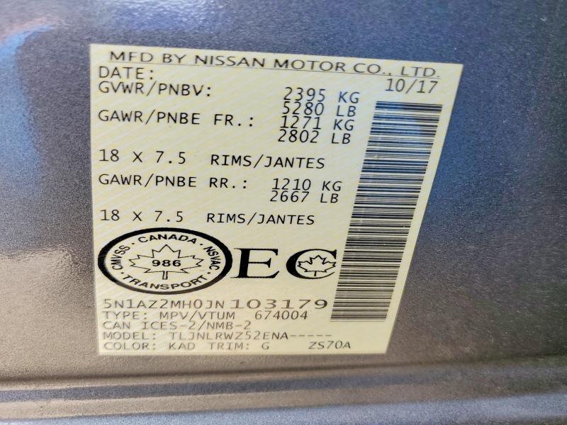 2018 Nissan Murano მანქანა იყიდება აუქციონზე, vin: 5N1AZ2MH0JN103179, აუქციონის ნომერი: 56127416