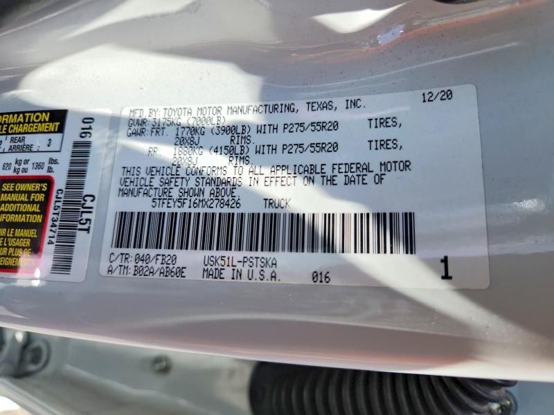 57268686 :رقم المزاد ، 5TFEY5F16MX278426 vin ، 2021 Toyota Tundra مزاد بيع