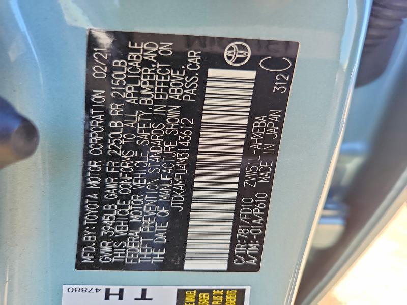 55589066 :رقم المزاد ، JTDKAMFU4M3143612 vin ، 2021 Toyota Prius مزاد بيع