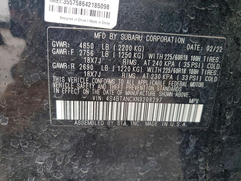 2022 Subaru Outback მანქანა იყიდება აუქციონზე, vin: 4S4BTANCXN3208297, აუქციონის ნომერი: 58729036