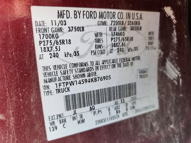 Продажа на аукционе авто 2004 Ford F150, vin: 1FTPW14594KB76905, номер лота: 55835596