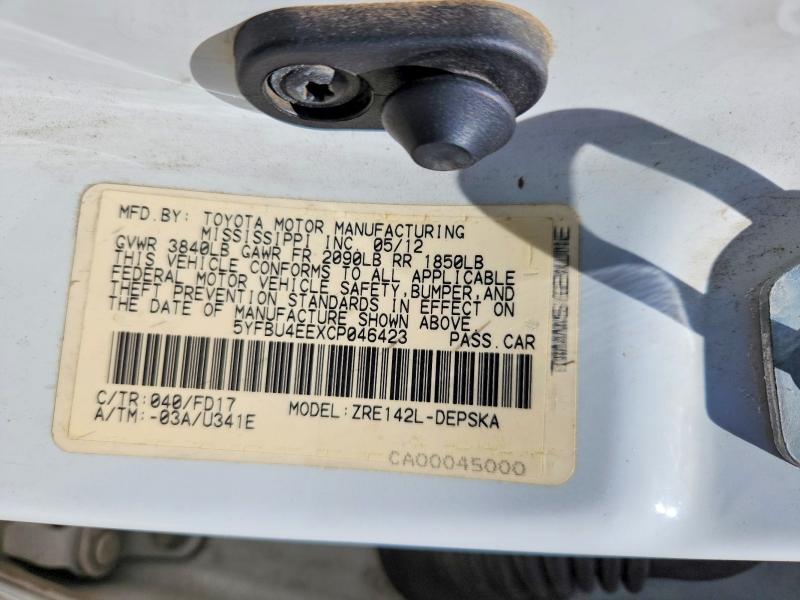 56286326 :رقم المزاد ، 5YFBU4EEXCP046423 vin ، 2012 Toyota Corolla مزاد بيع