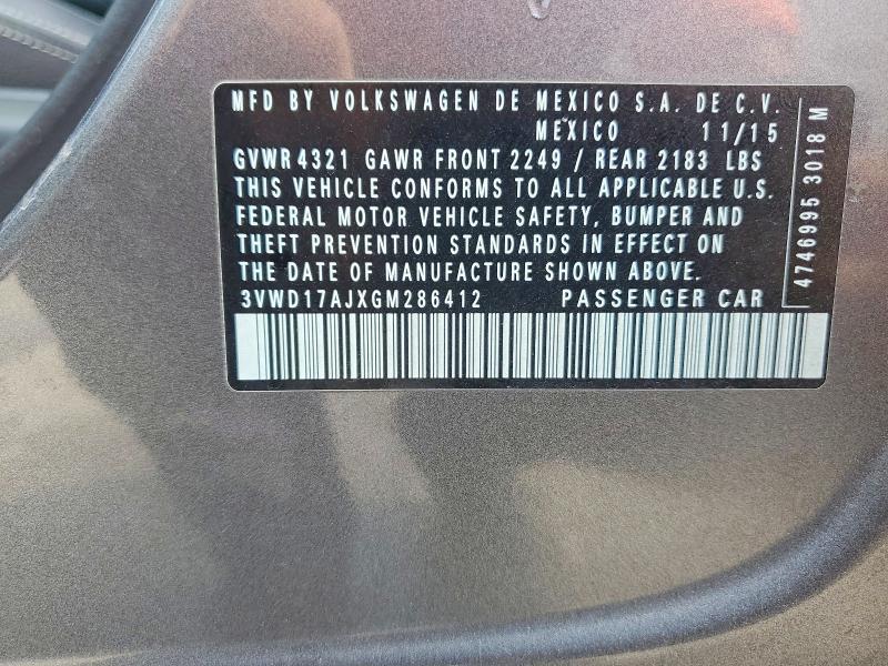 2016 Volkswagen Jetta მანქანა იყიდება აუქციონზე, vin: 3VWD17AJXGM286412, აუქციონის ნომერი: 57061596