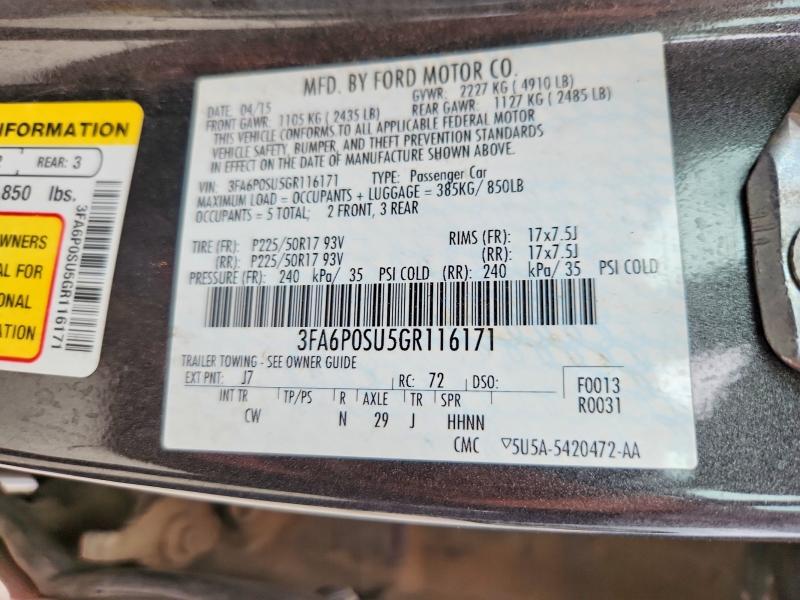 Aukcja sprzedaży 2016 Ford Fusion, vin: 3FA6P0SU5GR116171, numer aukcji: 57359296