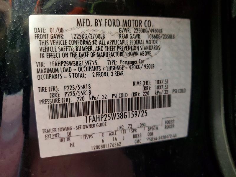 2008 Ford Taurus მანქანა იყიდება აუქციონზე, vin: 1FAHP25W38G159725, აუქციონის ნომერი: 54905586
