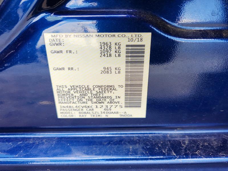2019 Nissan Altima მანქანა იყიდება აუქციონზე, vin: 1N4BL4CV6KC123775, აუქციონის ნომერი: 57355806