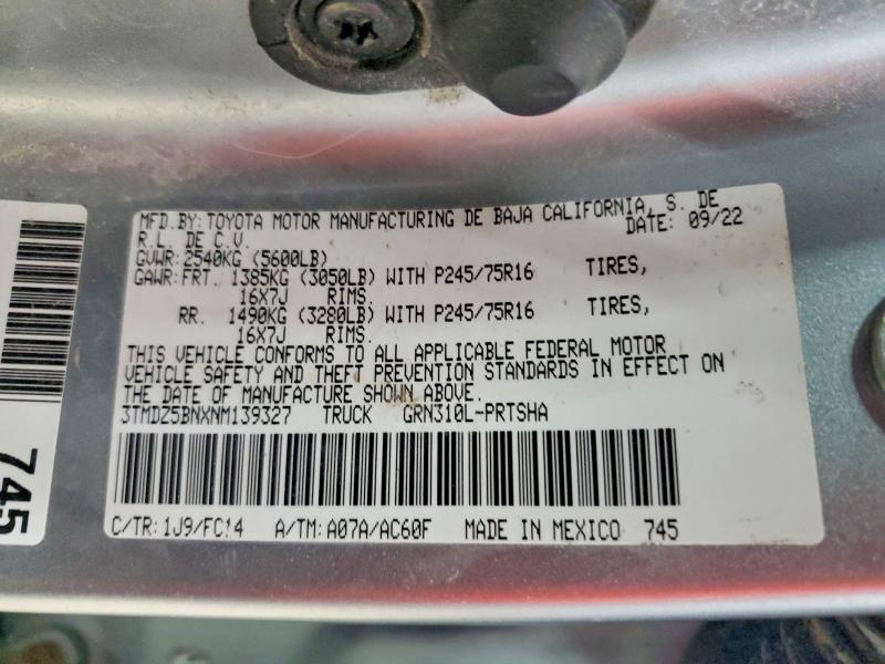 2022 Toyota Tacoma მანქანა იყიდება აუქციონზე, vin: 3TMDZ5BNXNM139327, აუქციონის ნომერი: 56142956