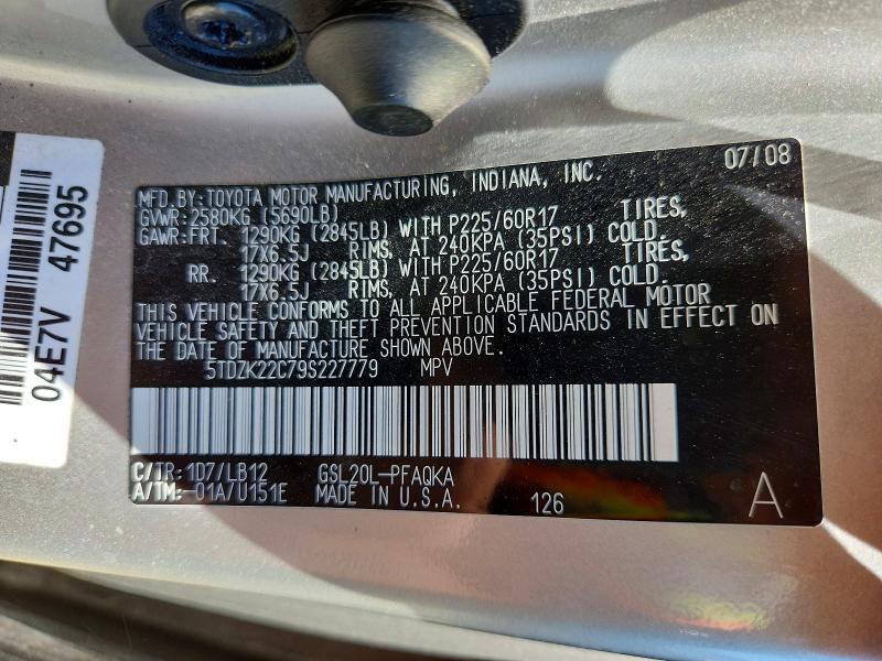 Продажа на аукционе авто 2009 Toyota Sienna, vin: 5TDZK22C79S227779, номер лота: 57666586