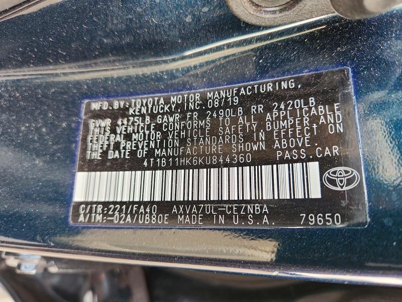 2019 Toyota Camry მანქანა იყიდება აუქციონზე, vin: 4T1B11HK6KU844360, აუქციონის ნომერი: 55849736